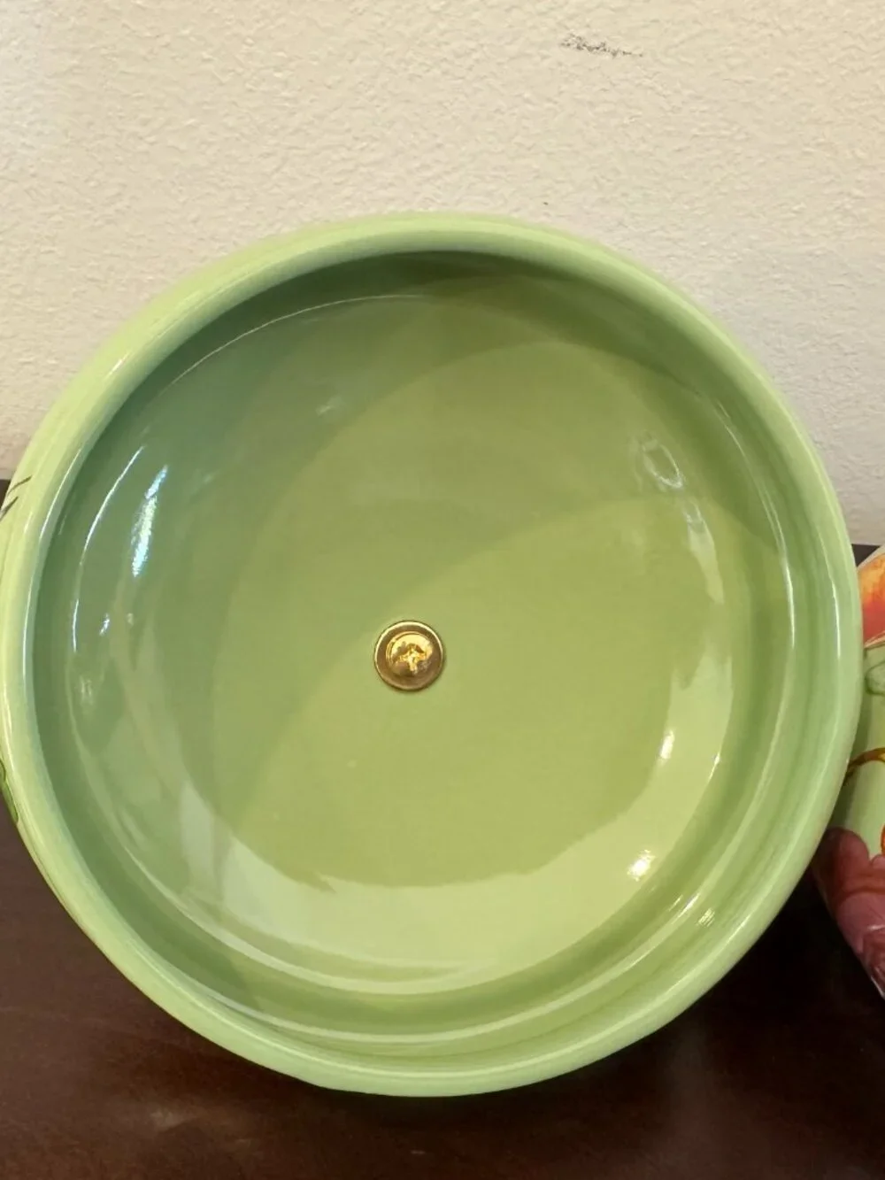 Mackenzie Child Green Flower Market Squashed Enamel Metal Pot Retired Blue Ring